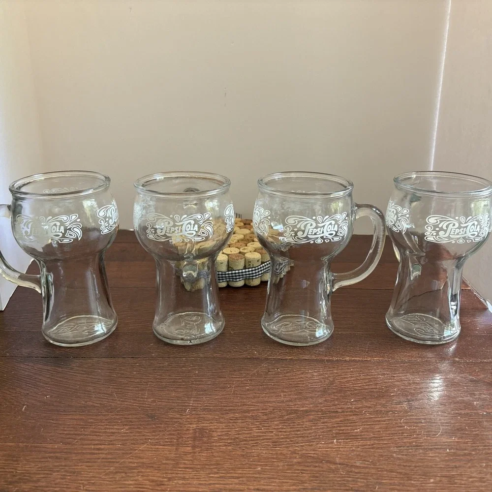 Vintage Set Of 4 Pepsi Cola 16oz Glasses‎ with Handle 1970's White Logo 3 Sided